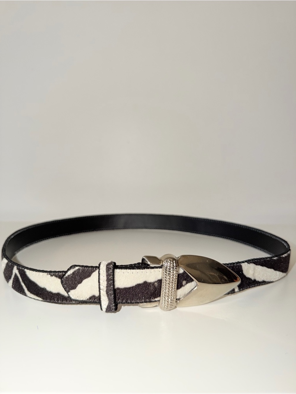 Black and White Zebra Print Faux Fur Belt with Silver Buckle